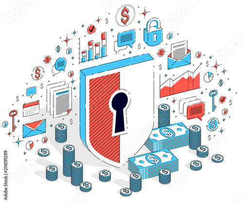 Protection of finances concept, Life Buoy and Shield with cash money dollar stack isolated on white background. Isometric 3d vector finance illustration with icons, stats charts and design elements.