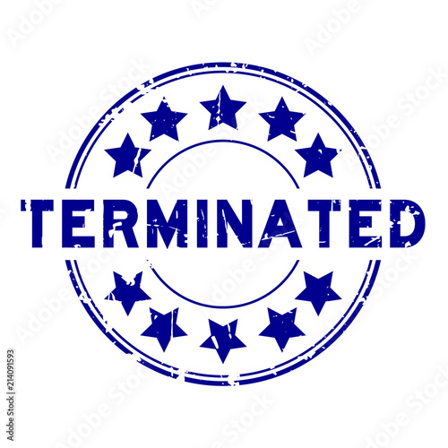 Grunge blue terminated with star icon round rubber seal stamp on white background