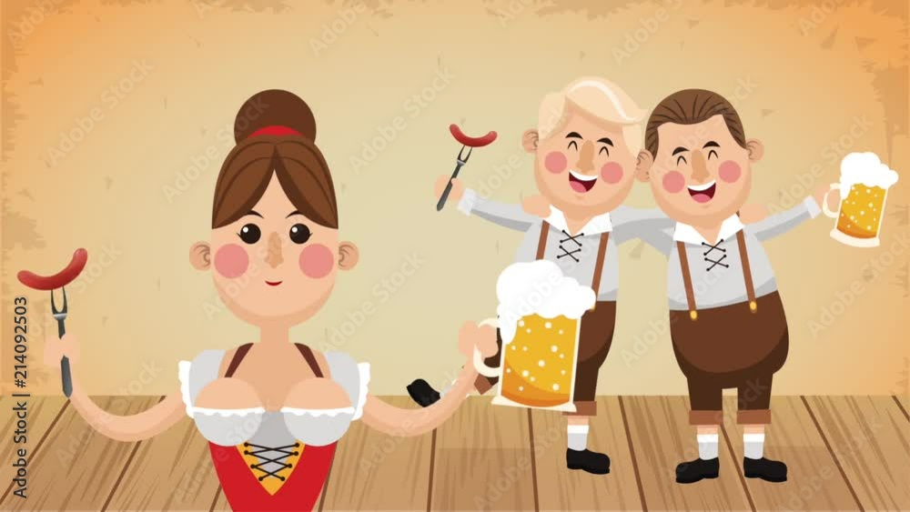 Bavarian mens eating sausage and drinking beer with bavarian woman High definition colorful scenes animation Bavarian mens eating sausage and drinking beer with bavarian woman High definition colorful scenes animation