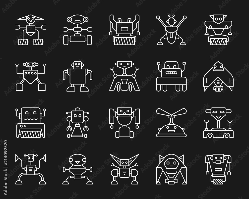 Robot simple white line icons vector set