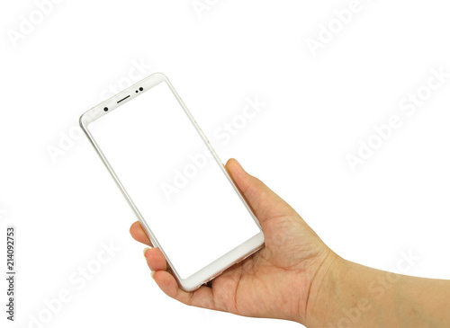 woman hand holding white smart phone with blank space of screen display