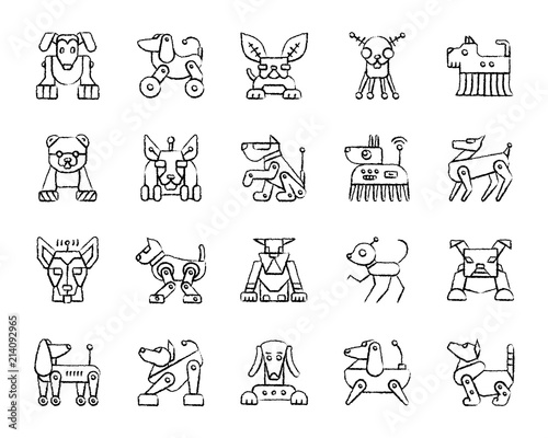 Robot Dog charcoal draw line icons vector set