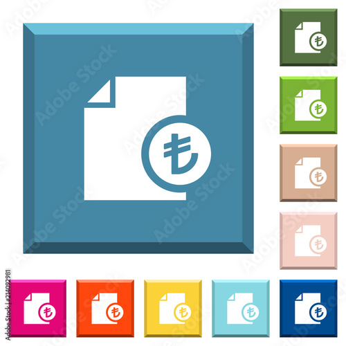 Turkish Lira financial report white icons on edged square buttons