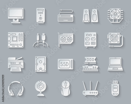 Computer simple paper cut icons vector set