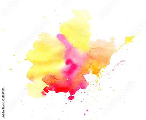 Bright watercolor pink yellow stain drips. Abstract illustration on a white background.