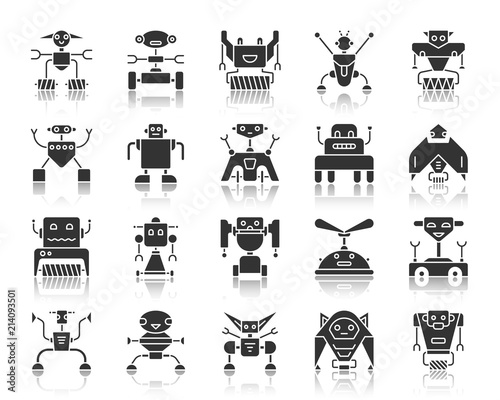 Robot black silhouette icons vector set
