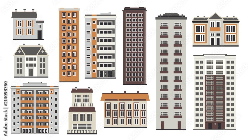 City elements of high-rise buildings front view with windows and doors in flat style isolated on white background. Collection of apartment houses and municipal structures. Vector illustration.