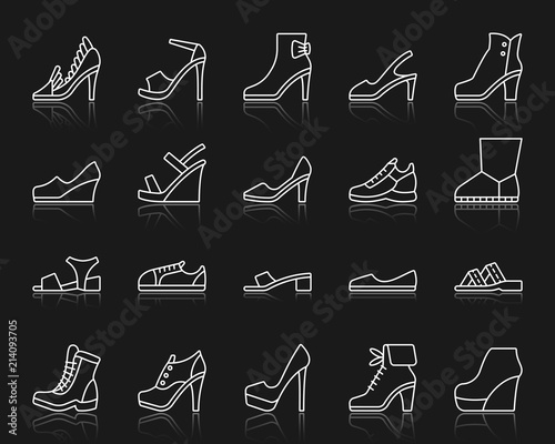 Shoes simple white line icons vector set