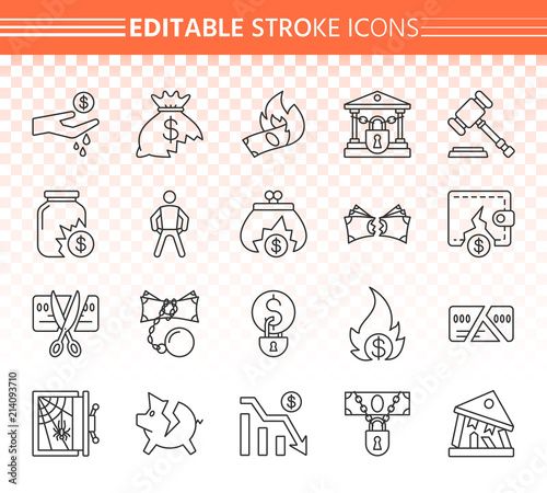 Bankruptcy simple black line icons vector set