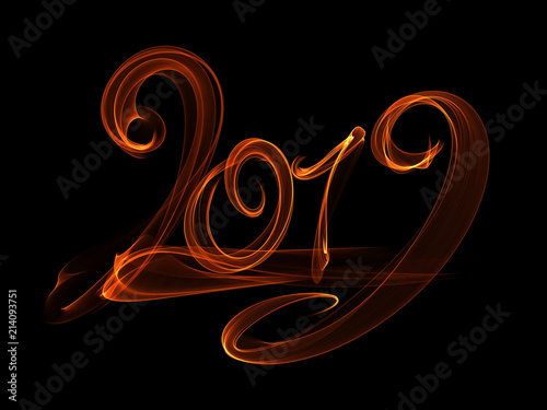 Happy new year 2019 isolated numbers lettering written with white fire flame or smoke on black background