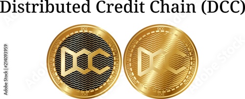 Set of physical golden coin Distributed Credit Chain (DCC), digital cryptocurrency. Distributed Credit Chain (DCC) icon set. Vector illustration isolated on white background.