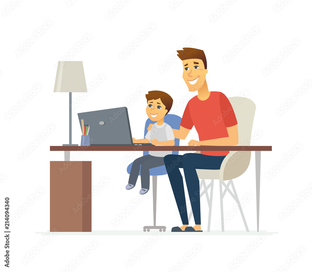 Father and son at the laptop - cartoon people characters illustration
