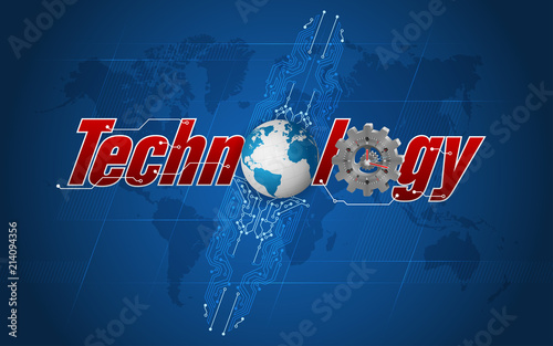Abstract, design background with 3d gear wheels, text, Earth globe, electronic circuits and gear with clock attached for the technology category; Vector illustration