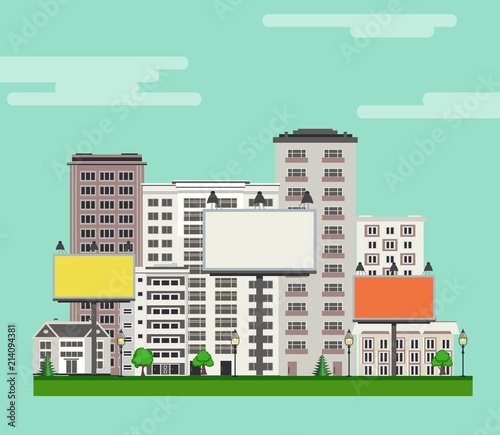 City skyline with multistorey apartment and office buildings, green trees and lawn, billboards with empty space for text on blue sky background. Flat colorful city landscape . Vector illustration.