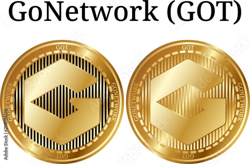 Set of physical golden coin GoNetwork (GOT), digital cryptocurrency. GoNetwork (GOT) icon set. Vector illustration isolated on white background.