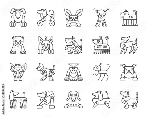 Robot Dog simple black line icons vector set