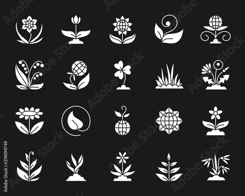Garden white silhouette icons vector set on black