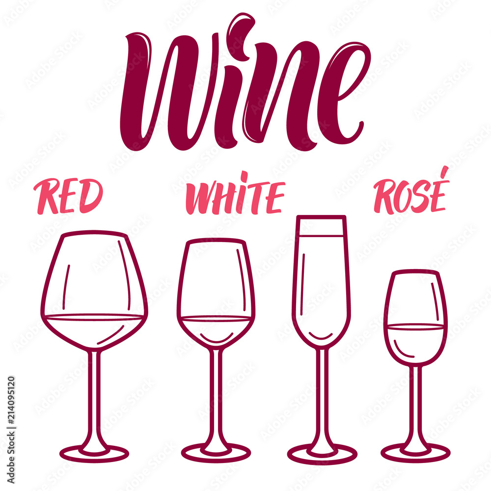 Wine menu line art and lettering with different types of wine glasses
