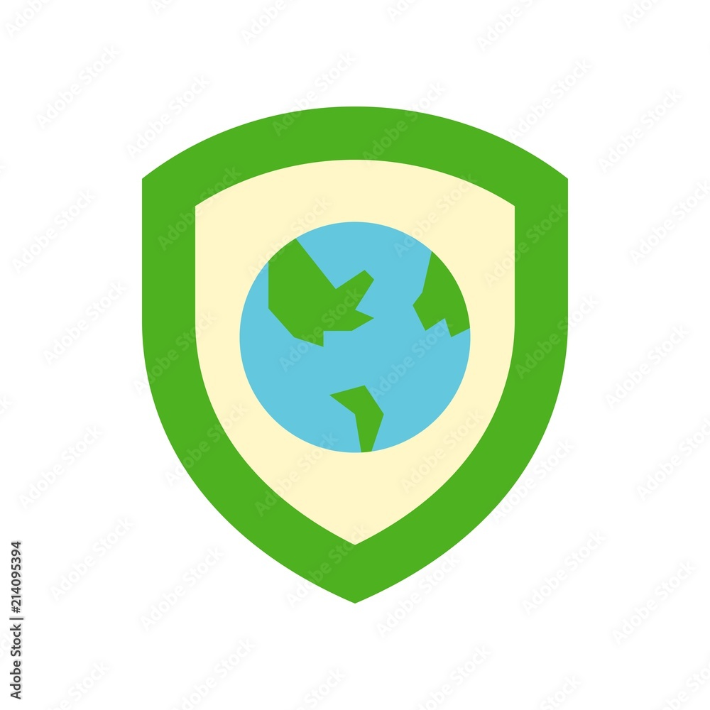 Shield and Globe or planet earth icon flat design, world environment day concept