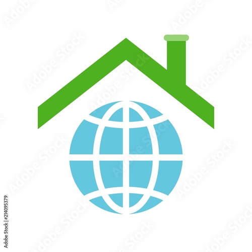 Roof on planet earth icon, flat design about global warming concept