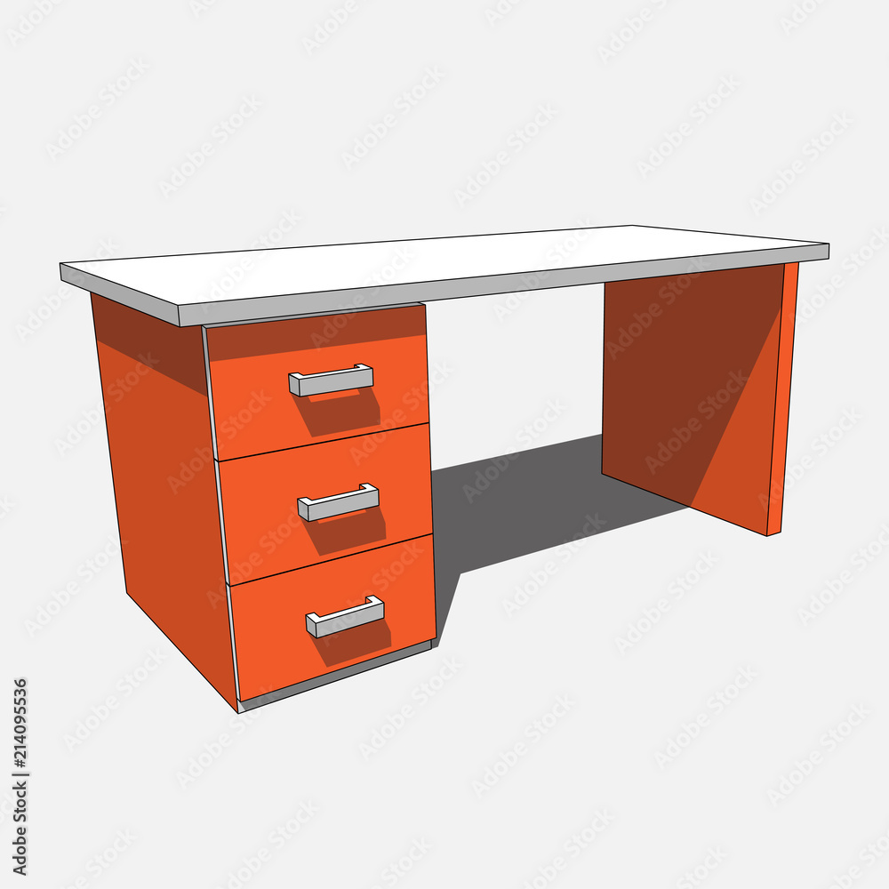 3D image - orange, white desk with three drawers 3D image - orange, white desk with three drawers