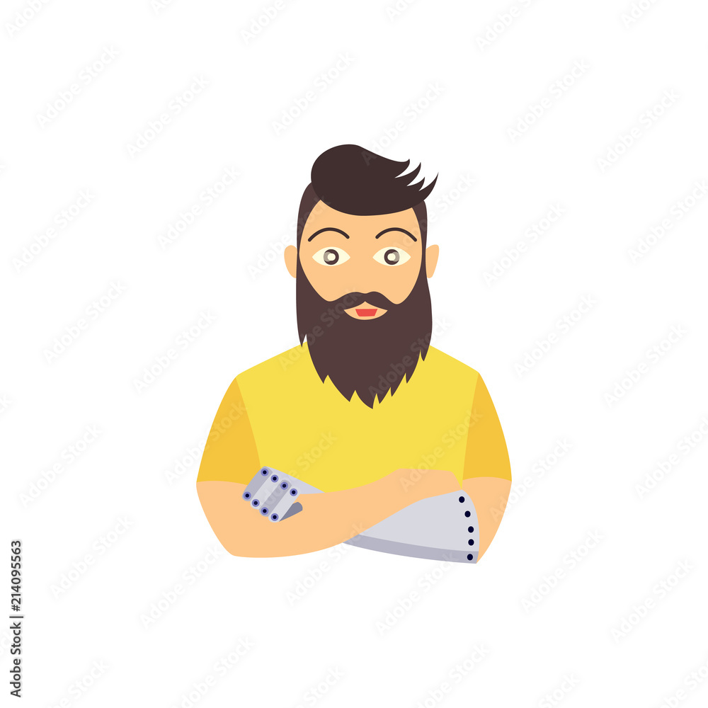 Flat bionic futuristic mechanical prosthesis concept icon. Young hipster bearded man character with iron arm handicap and robotic eye. Isolated illustration on a white background.