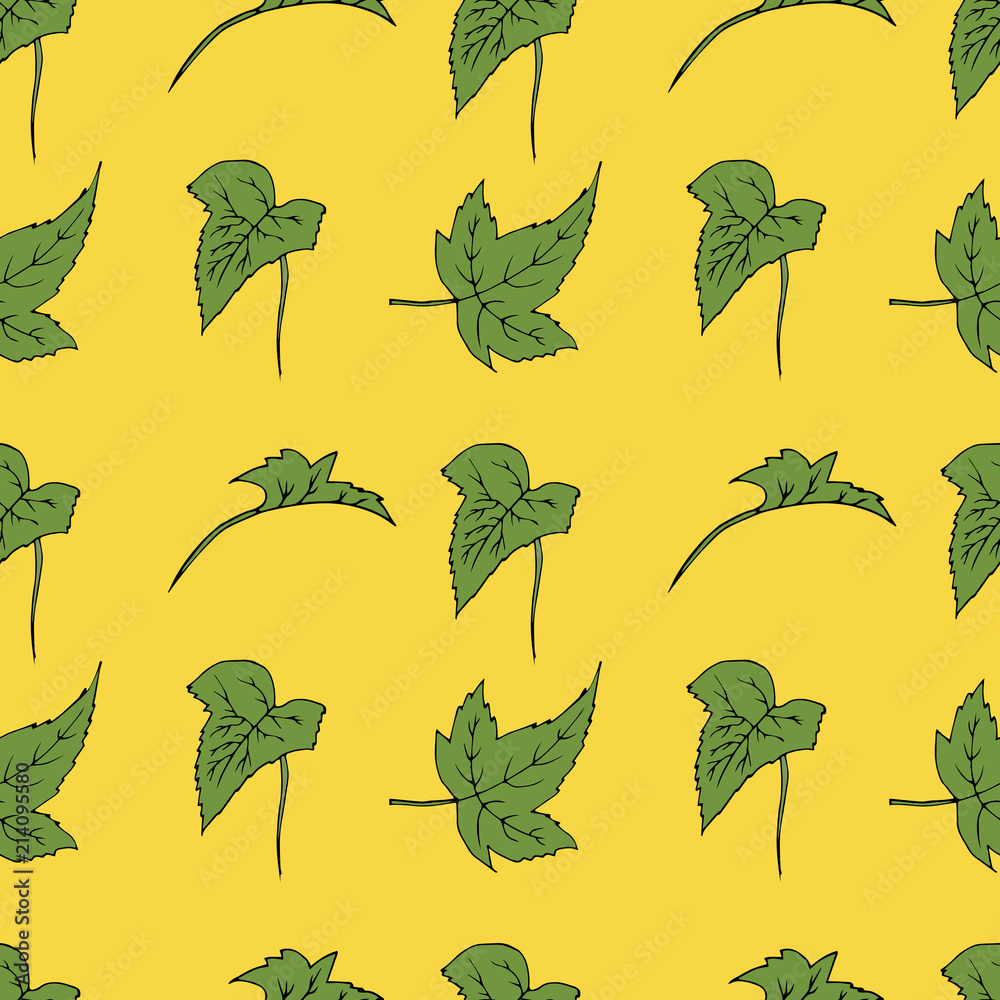 Fototapeta premium Seamless texture of green leaves. Hand drawn illustration on yellow background
