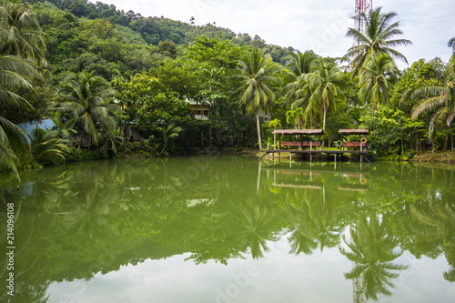 Lake Reflection in the Phuket, Thailand. Surface of lakes like a mirror reflect the image above, double image of landscape. 