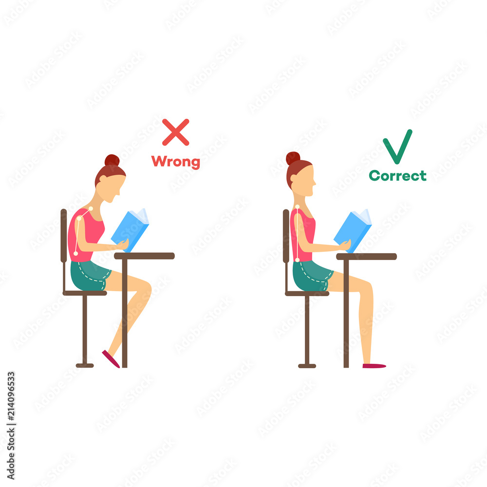 Correct and incorrect neck and spine alignment of young cartoon woman character sitting at desk writing. Head bending positions, inclination of neck. Spine care concept. Vector isolated illustration Correct and incorrect neck and spine alignment of young cartoon woman character sitting at desk writing. Head bending positions, inclination of neck. Spine care concept. Vector isolated illustration