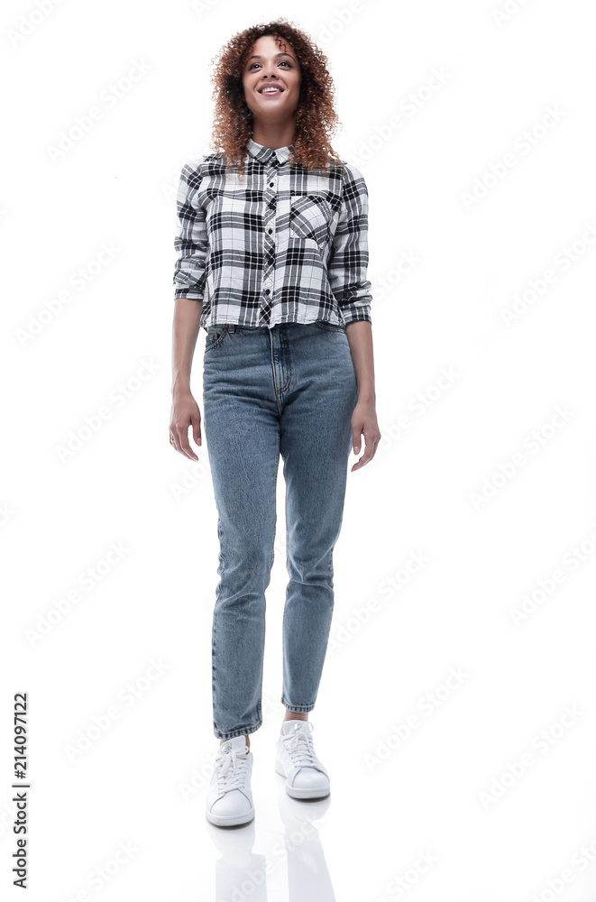 stylish young woman in plaid shirt and jeans. stylish young woman in plaid shirt and jeans.