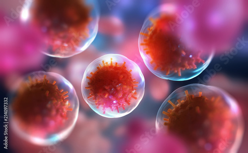 Cells of the body under a microscope. Viruses in the body. Research of stem cells. Cellular Therapy and Regeneration. 3d illustration on a medical theme