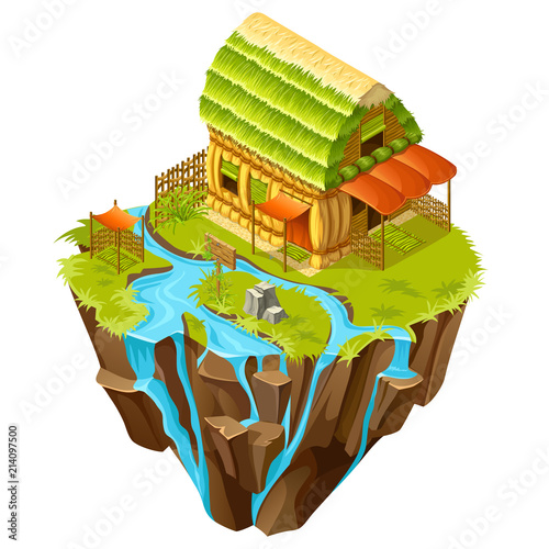 3d isometric building on the island for computer games. Straw cottage with wicker fence and landscape design. Vector cartoon illustration.