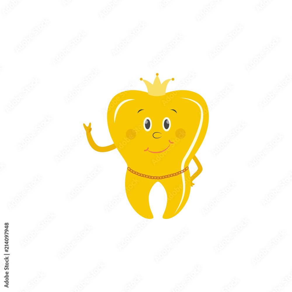 Golden tooth crown cartoon character stands smiling showing peace hand gesture with crown on head and gold chain around neck isolated on white background, vector illustration. Golden tooth crown cartoon character stands smiling showing peace hand gesture with crown on head and gold chain around neck isolated on white background, vector illustration.