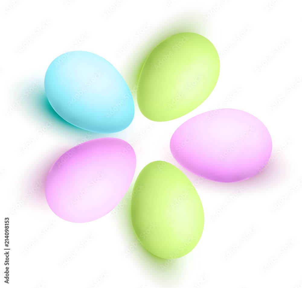 Five realistic pastel easter eggs with shadows isolated on white background. Premium  illustration.