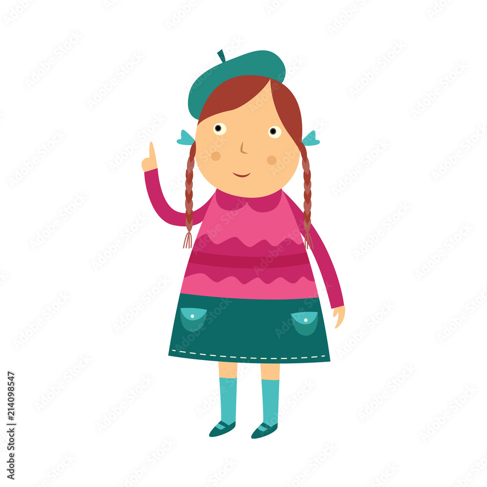 Cute curious little girl with pigtails hairstyles stands holding her finger up and thinks isolated on white background. Funny flat child character with good idea vector illustration. Cute curious little girl with pigtails hairstyles stands holding her finger up and thinks isolated on white background. Funny flat child character with good idea vector illustration.