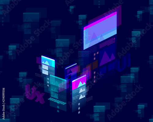 Mobile devices multicolor isometric user interface on dark blue background - UX concept