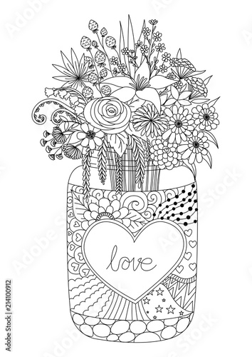 Line art design of flowers on a mason jar for engraving,Valentines card, coloring book page and another design element.Vector illustration