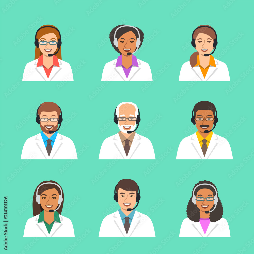 Doctors avatars with headsets. Medical call center operators . Vector cartoon icons. Customer care service online. Patients support assistants. Women and men of different ethnicity in white coats Doctors avatars with headsets. Medical call center operators . Vector cartoon icons. Customer care service online. Patients support assistants. Women and men of different ethnicity in white coats
