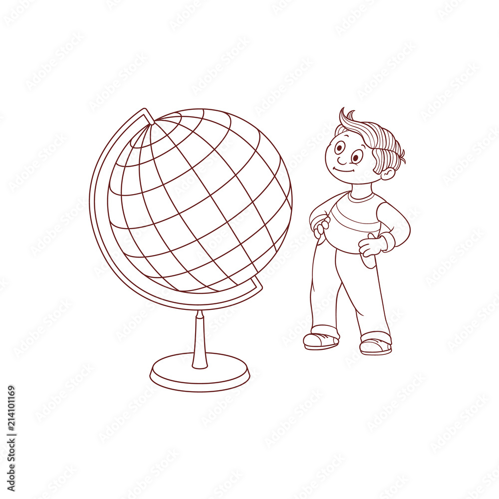 Schoolboy with globe sphere map isolated on white background - black and  white hand drawn cartoon little child stands and looks with curiosity at  Earth sphere model. Vector illustration. Stock Vector |