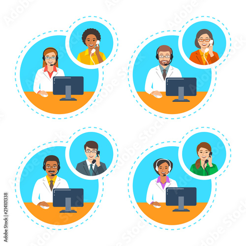 Medical call center support operators. Doctors with headsets talk by phone with patients. Vector cartoon illustration. Customer care service online. Women and men of different ethnicity in white coats