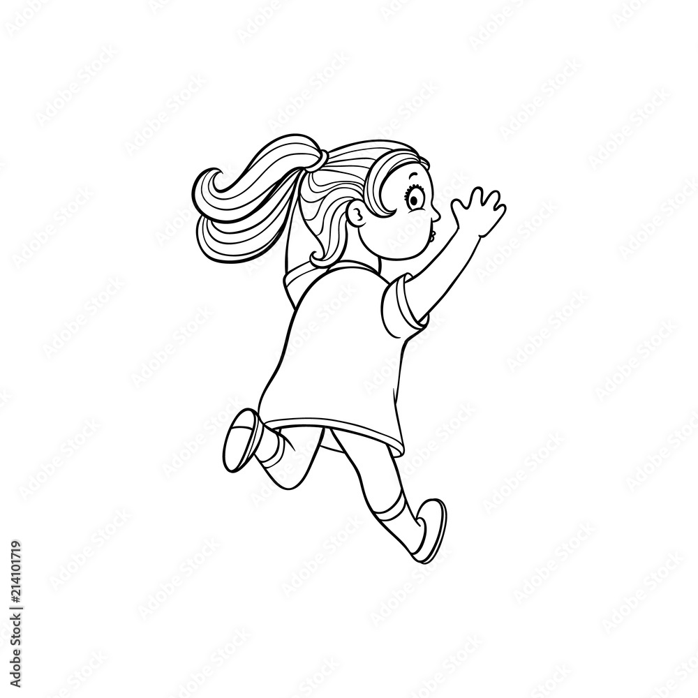 Girl in summer dress running looking back. Ranaway kid icon. Sketch teen female character, child running with afraid face back view. Isolated monochrome vector illustration Girl in summer dress running looking back. Ranaway kid icon. Sketch teen female character, child running with afraid face back view. Isolated monochrome vector illustration