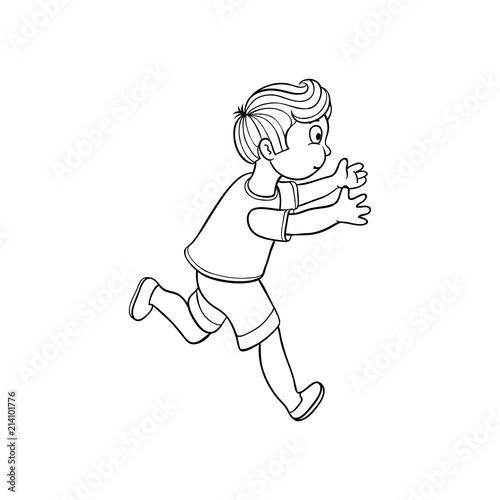 Boy in summer clothing, denim shorts, tshirt running looking back. Ranaway kid icon. Sketch teen male character, child running with afraid face side view. Isolated monochrome vector illustration
