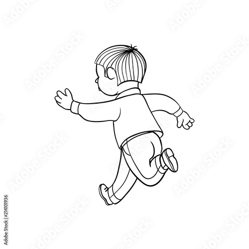 Boy in casual clothing running looking back. Ranaway kid icon. Sketch teen male brunette character, child running with afraid face back view. Isolated monochrome vector illustration