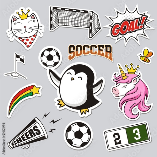 Set of Soccer cartoon stickers. Cute patches, pins, badges series. 