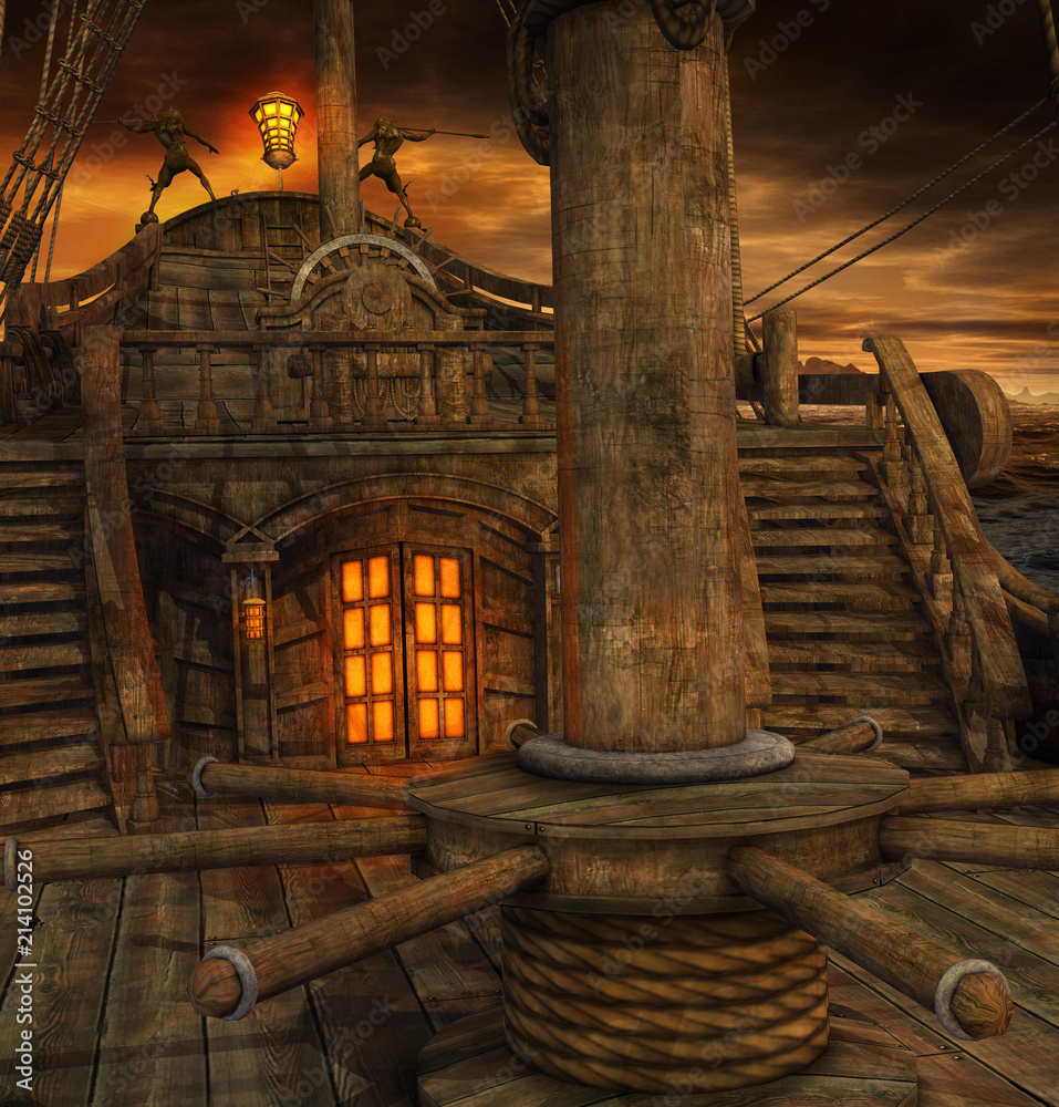 Pirate Ship Deck with Stairs to the Galley Stock Illustration Adobe Stock