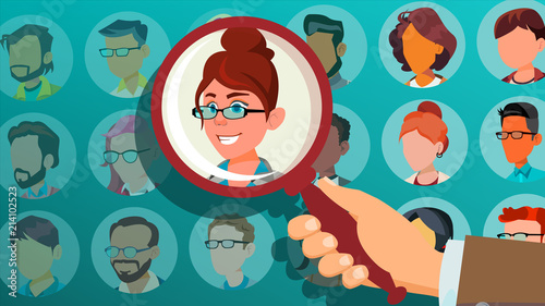 Human Recruitment Vector. Woman. Hand Picking Woman. Stand Out From Crowd. Business Team. Select Candidate Person. Pick From The Crowd. Employer Choice. Cartoon Illustration