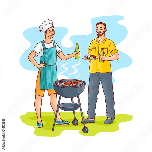 Hand drawn man standing near barbeque grill preparing meat steak drinking beer from glass bottle with friend at picnic party. Vector sketch style illustration isolated