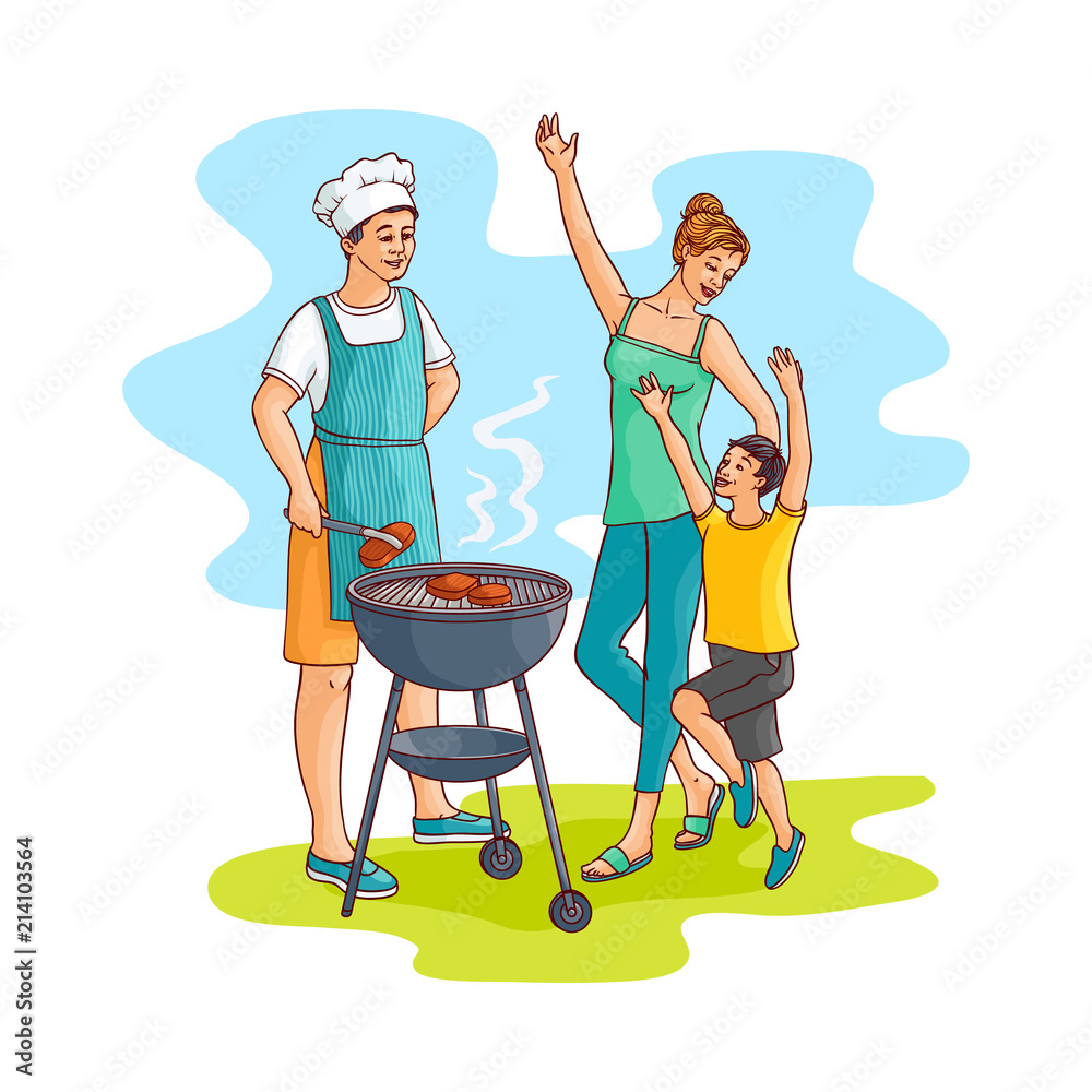Onderverdelen Geven Minimaal Hand drawn family at barbeque party. Man, father chief cooker standing near bbq  grill preparing meat steak, mother young woman with son having fun. Vector  sketch style illustration isolated Stock Vector 