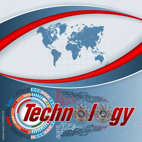 Abstract, design background with text, electronic circuits and 3d gear wheels with microchip and clock attached for the technology category