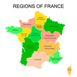 Colorful outlines map of France with names on white background.